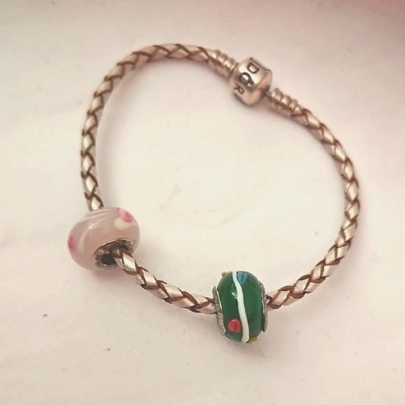 Pandora Jewelry - Pandora Charm With Leather Braid  Silver 925  Pink & Green Bracelet